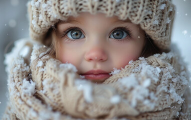 A young girl wearing a white hat and scarf is looking at the camera. The image has a warm and cozy feeling, as the girl is bundled up in winter clothing and he is enjoying the snow