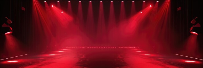 Red scene with projector light before the concert in a theatre long copyspace avertising space background