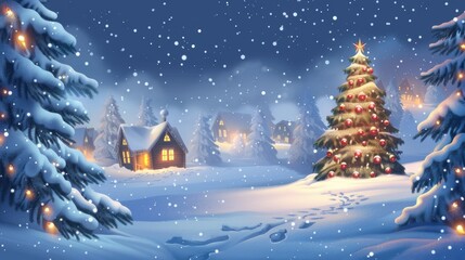 Naklejka premium Snowy christmas night with decorated tree and cozy cabin