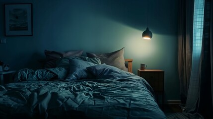 A cozy bed in a dark bedroom. Moonlight and bedside lamp cast shadows. Scandinavian-style interior complete with bedside table and nightstand.