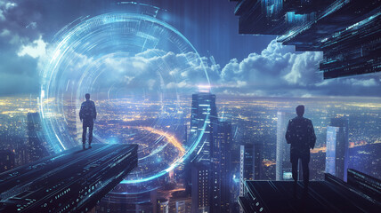 Imagine a cyberpunk metropolis with towering futuristic skyscrapers, where silhouetted figures gaze at a luminous digital portal, creating an advanced urban landscape with a techsavvy vibe
