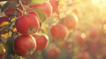 Red apples hang from the branches of trees in an orchard, ready to be picked. The morning sun shines on the fruit.