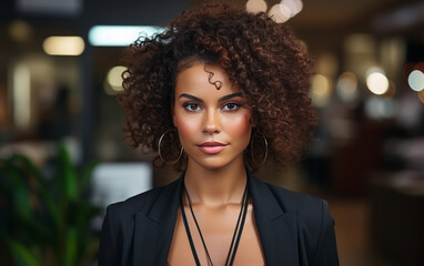 Fototapeta premium A woman with curly hair and a black dress is standing in front of a green plant. She is wearing a necklace and earrings