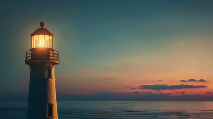 High-definition image of a lighthouse beacon shining brightly at dusk, positioned against a neutral background to showcase the guiding light and timeless charm of coastal navigation 