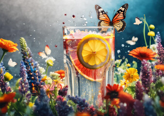Captivating scene with a glass filled with a beverage and garnished with fruit slices and flowers, centered amidst a lush field of vibrant wildflowers
