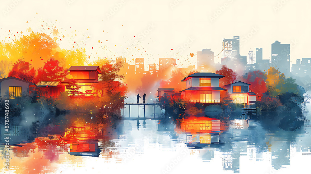 Poster dynamic illustration of house hunting showing a couple visiting multiple properties with a real esta
