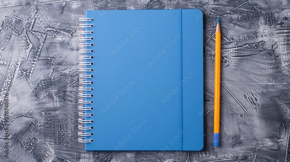 Poster top down view of open blue notebook and pencil on grey backdrop spiral bound school and office noteb