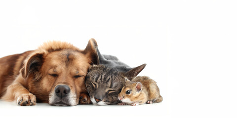 Dog, cat and rodent sleep together on a white background. Advertising banner template for pet store or veterinary clinic.