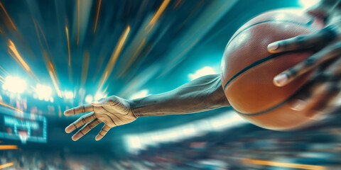 Motion blurred basketball player hands with ball during a match at the arena.