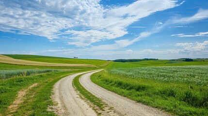 Fototapeta premium Idyllic rural landscape with a winding dirt road leading through fields and pastures, with a simple backdrop of open sky 