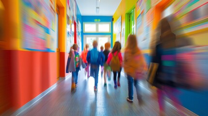 Motion blurred children walking along the corridor of a school or kindergarten.