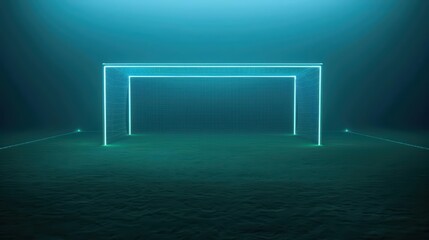 A minimalist soccer field where mystical goalposts emit ethereal light when a goal is scored