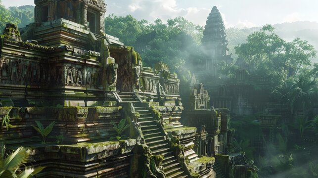 Majestic ancient temple ruins with intricate carvings, set against a simple background of lush jungle and clear sky 