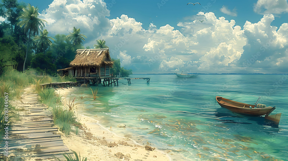 Poster serene depiction of a beachfront property with a private dock hammocks and a small boat for coastal 