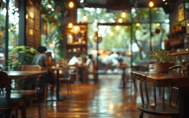 A restaurant with a lot of tables and chairs. The tables are empty and the chairs are arranged around them. There are potted plants on the tables and a vase with a plant in it. The atmosphere is cozy