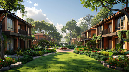 Fototapeta premium Serene depiction of a Retirement Community with wellmaintained gardens communal areas and singlestory homes designed for seniors