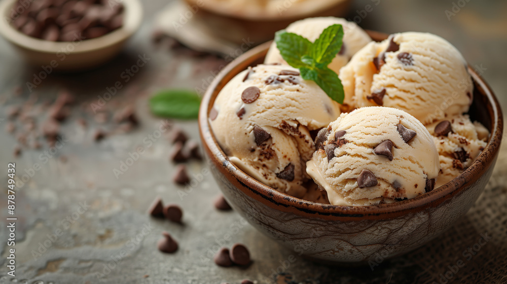 Wall mural studio shot of chocolate chip ice cream balls in a ceramic bowl on a sicilian rustic background with