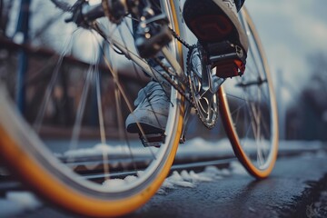 Close-up of a track cyclist's feet pedaling on the bike, with the chain and gears in clear focus