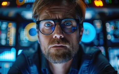 A man with glasses is staring at a computer screen. Concept of focus and concentration as the man looks intently at the monitor