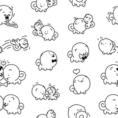 Cute kawaii pomeranian dog. Seamless pattern. Coloring Page. Cartoon character. Vector drawing. Design ornaments.