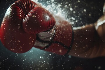 Close-up of a boxer’s gloves clashing, with sweat and intensity captured in the moment of impact 