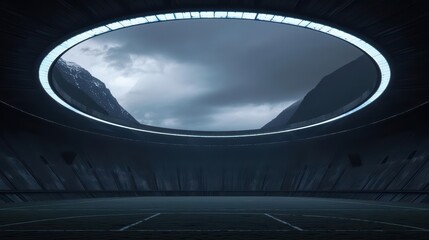 A mystical sport stadium where the playing field adapts and changes shape through enchanted mechanisms