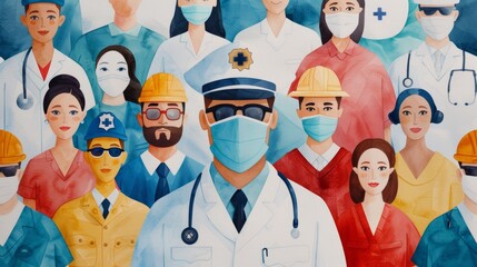 Vibrant watercolor scene featuring various occupations like a nurse, police officer, artist, construction worker, and pilot, united in a celebratory pose for International Labor Day