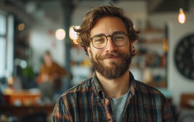 Obraz premium A man with glasses and a beard is smiling at the camera. He is wearing a plaid shirt and a gray shirt