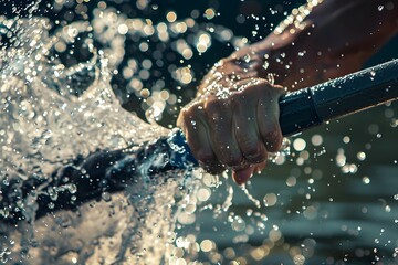 Close-up of a rower’s hands on the oar, with water splashes and intensity visible