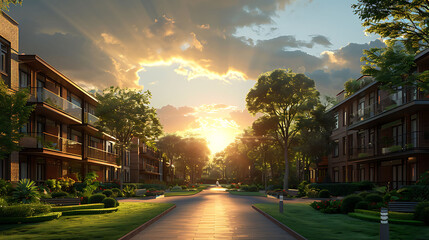 Naklejka premium Elegant depiction of a Suburban Apartment complex with modern design green spaces and communal amenities