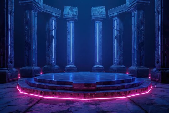 A surreal festival scene where mystical podiums appear and transform into various shapes and sizes