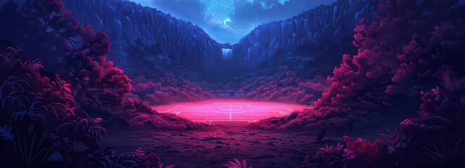 An ethereal arena where the field is surrounded by enchanted flora that changes colors with the games intensity