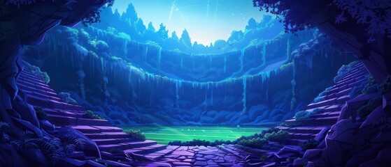 An ethereal arena where the field is surrounded by enchanted flora that changes colors with the games intensity