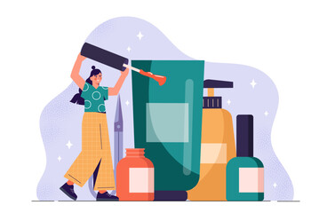 Woman with manicure. Young girl with big nail polish. Aesthetics and elegance, beauty procedures. Beautican with scissors and cosmetics proucts. Fingernail brush. Flat vector illustration