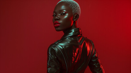 Naklejka premium Woman In Leather Jacket Against Red Background