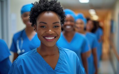 Fototapeta premium A group of smiling nurses in blue scrubs. The woman in the center is smiling and looking at the camera