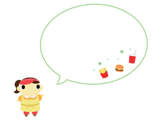 ハンバーガーショップの店員（パンツスタイル）　吹き出し＋装飾付