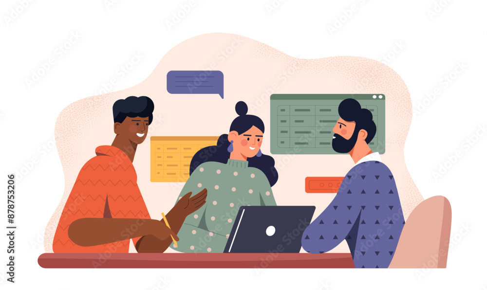 Aufkleber office workers communicate. men and woman with laptop discussing business project or task. brainstor