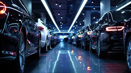Fototapeta premium Row of modern cars parked in a modern showroom