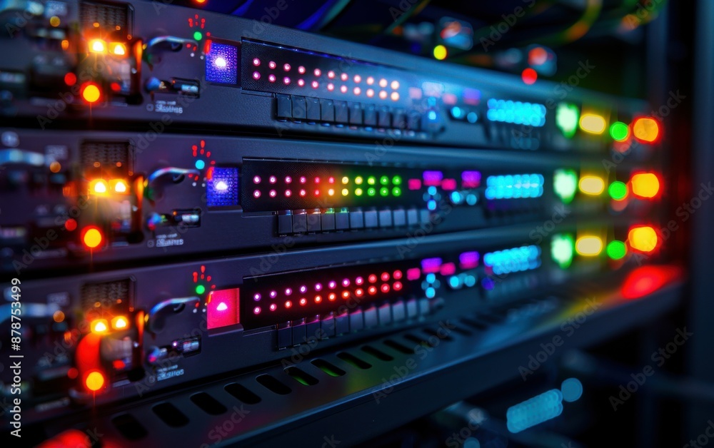 Poster a row of computer servers with colorful lights on them. the lights are bright and colorful, giving t