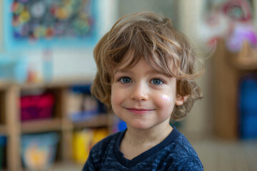 Fototapeta premium A young boy with curly hair and blue eyes smiles at the camera, with a colorful indoor background showcasing various items and a cheerful atmosphere.