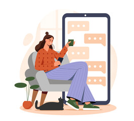 Woman with online chat. Young girl with hot drink sits near smartphone screen. Communication on social networks and instant messengers. SMS conversation and dialogue. Flat vector illustration