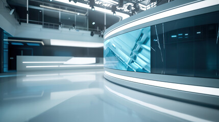 Empty modern TV stage featuring sleek, contemporary design elements with clean lines, bright lighting, and high-tech equipment. The scene is ready for a professional broadcast.