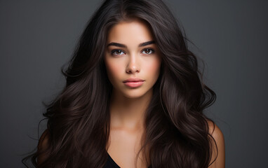 Fototapeta premium A woman with long dark hair and a nice smile. She is wearing a black tank top. The image has a mood of confidence and beauty