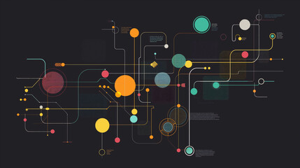 Technology network background with interconnected colorful lines and dots on a dark backdrop, abstract design concept