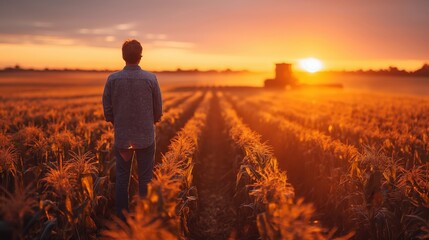 Fototapeta premium Farmer Watching Sunset Over Wheat Field