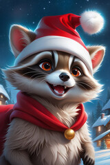 Cute Christmas cartoon funny raccoon in Santa Claus red costume and hat on blue winter blured background with snow. Happy New Year and Christmas  for greeting card, poster, banner