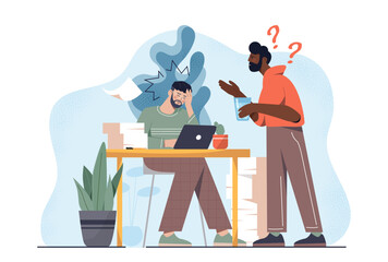 Panic episode at work. Man suffers from panic attack at workplace. Negative feelings and emotions. Mental problems and psychological disorder. Flat vector illustration isolated on white background