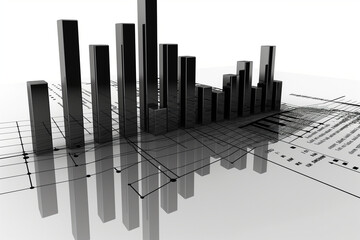 Black and white bar chart reflecting with grid lines showcasing business analysis and data concept