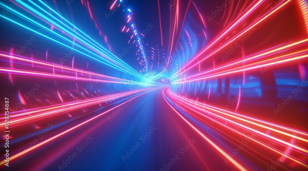 Poster abstract red and blue glowing light speed lines background with blur effect